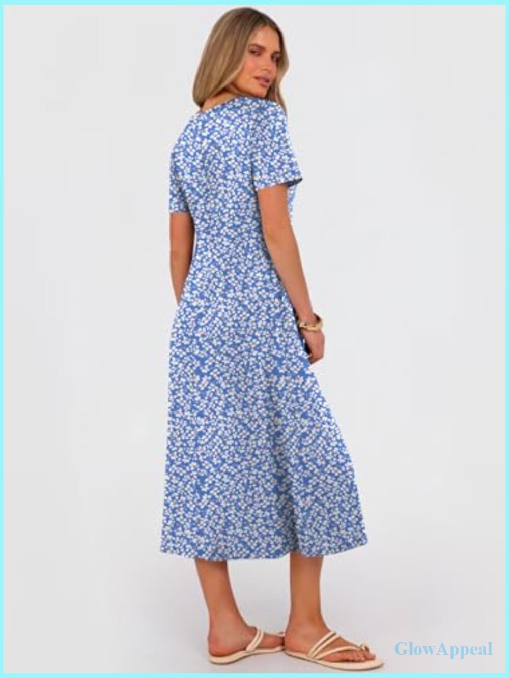 Summer Midi Dress Short Sleeve Button Up Crewneck Loose With Pockets - Picture 5 of 7